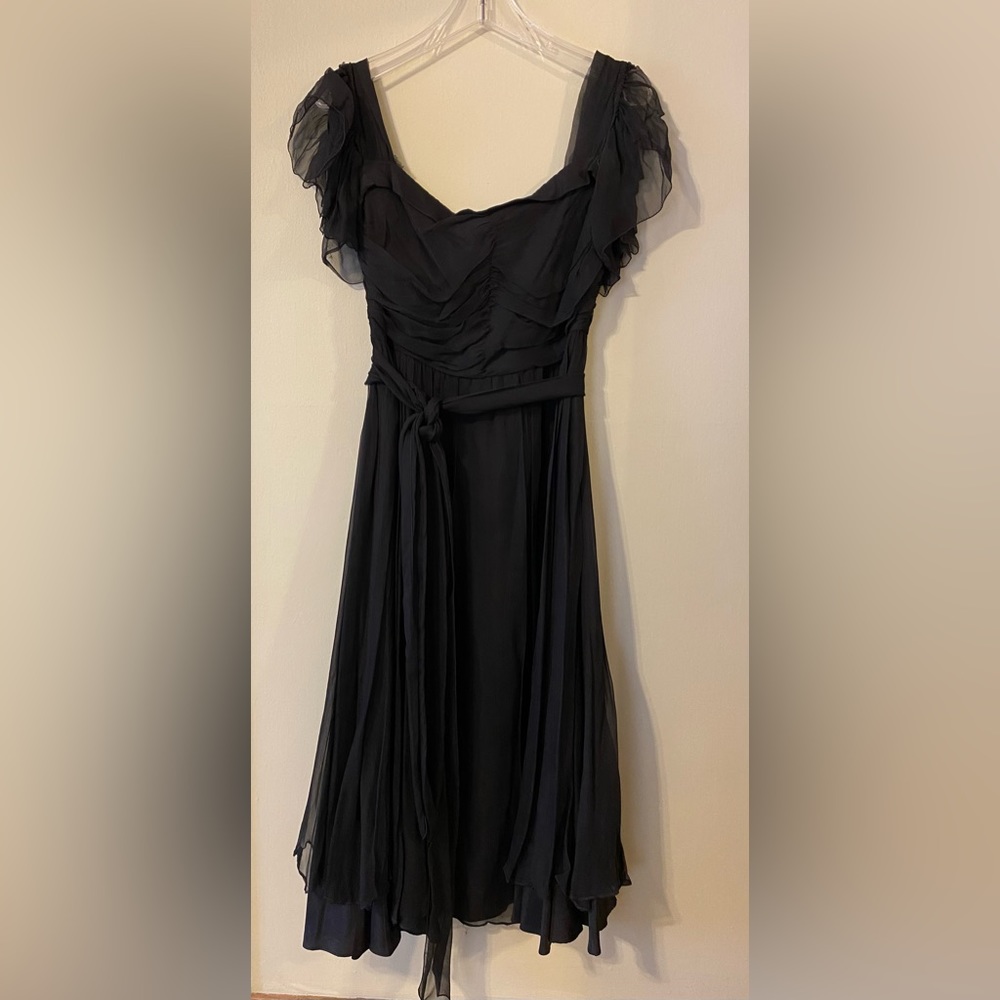 100% silk chiffon Parisian black dress, mid calf, midi formal